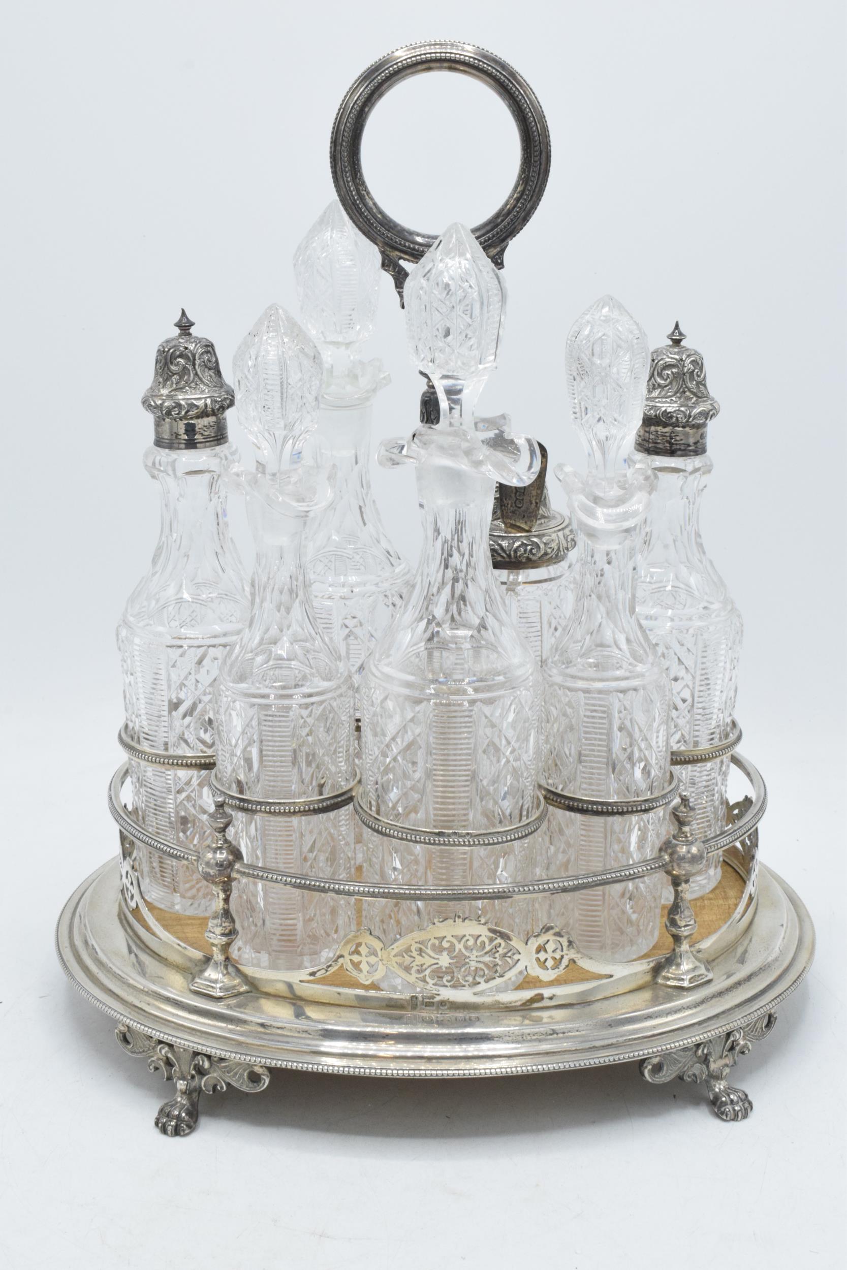 Hallmarked solid silver condiment tray with glass bottles and decanters, Sheffield 1879, makers mark - Image 10 of 12