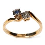 9ct gold sapphire and rose cut diamond crossover ring, size N, 2.1 grams, stamped '9ct' and tests as