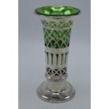 Silver vase with ornate decoration and green glass liner, London 1899, Goldsmiths and