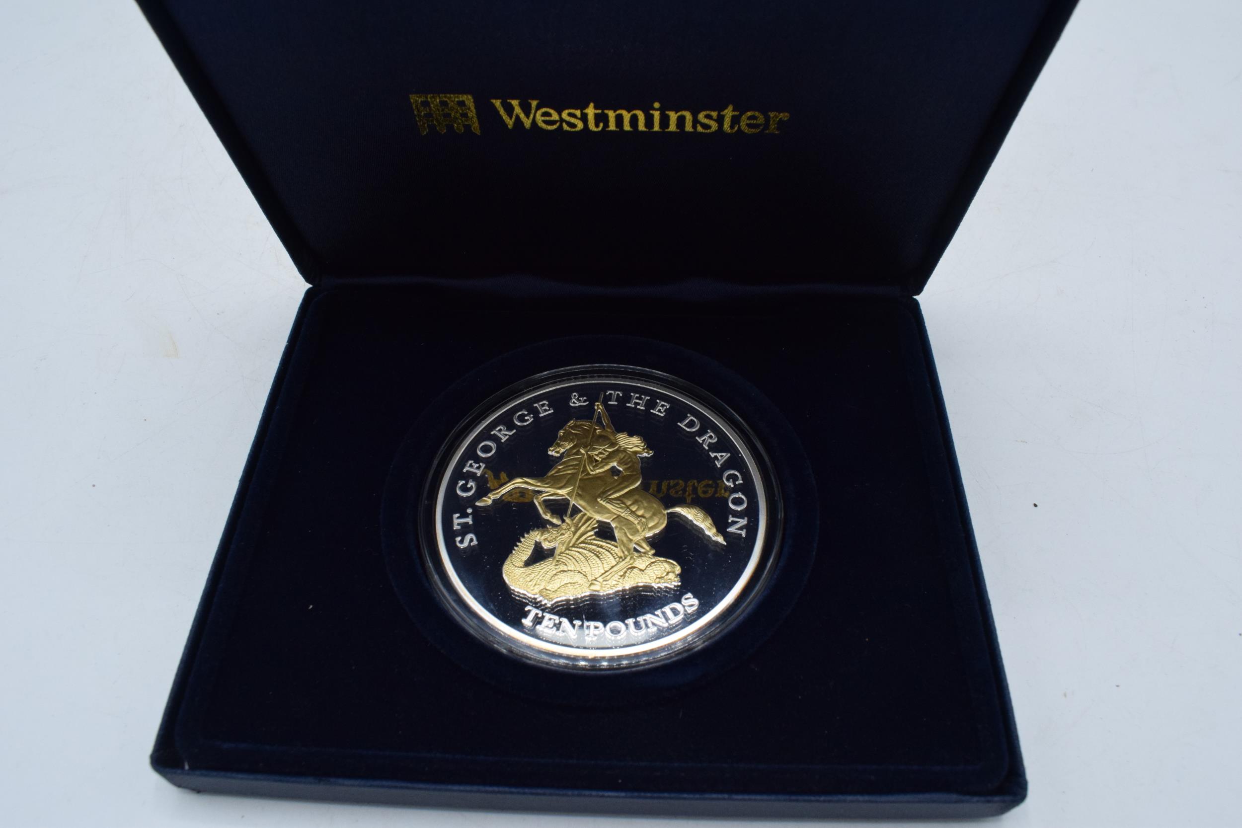 Cased Westminster Silver proof 5 ounce £10 Pound coin, Bailiwick of Jersey 2010 St George & The - Image 4 of 7