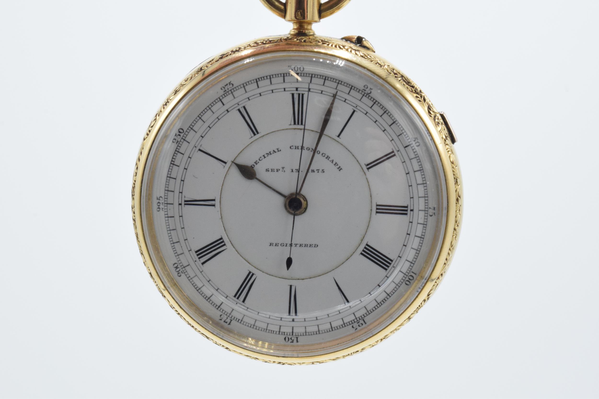 Victorian 18ct gold open-face Decimal Chronograph, white enamal dial with Roman Numerals, outer - Image 21 of 21