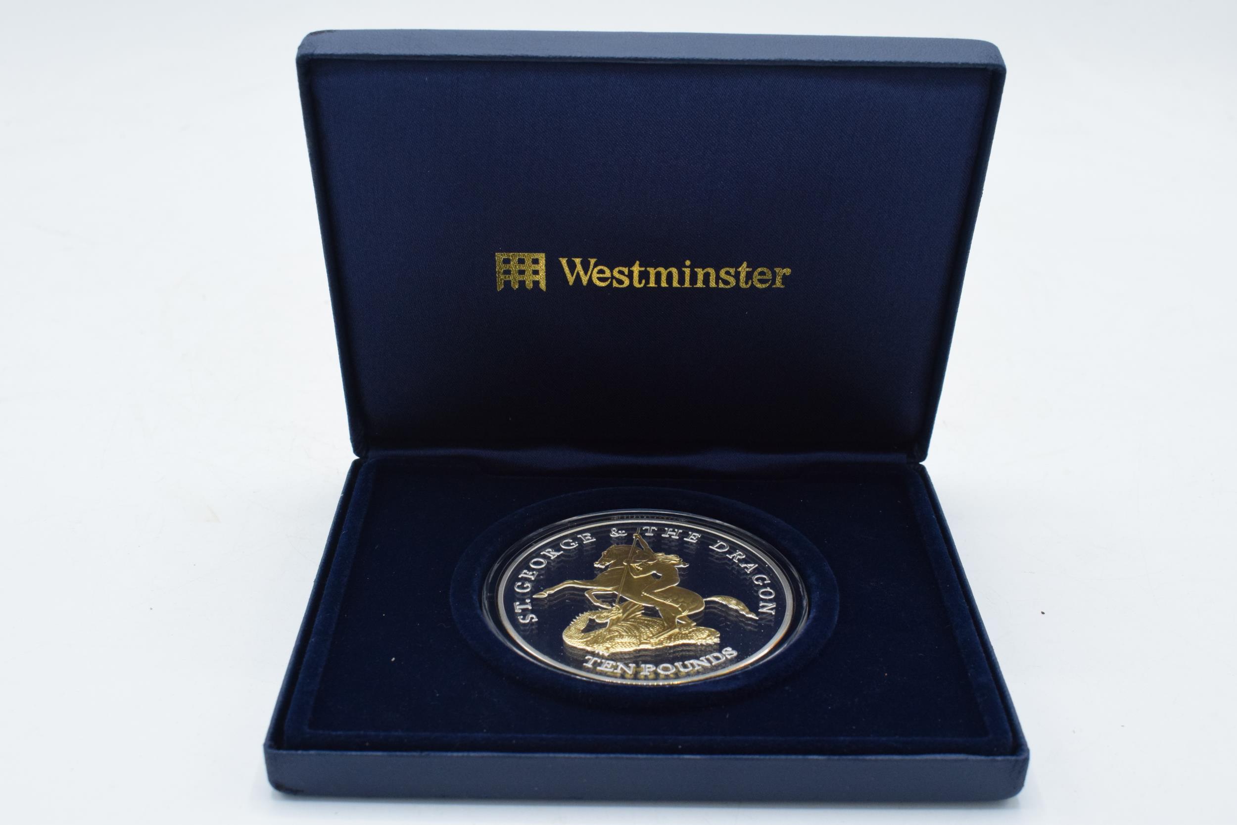 Cased Westminster Silver proof 5 ounce £10 Pound coin, Bailiwick of Jersey 2010 St George & The - Image 2 of 7