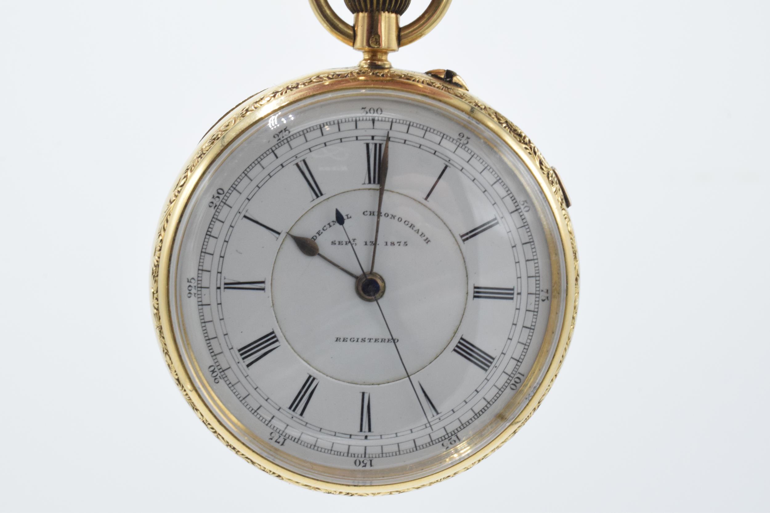 Victorian 18ct gold open-face Decimal Chronograph, white enamal dial with Roman Numerals, outer - Image 10 of 21