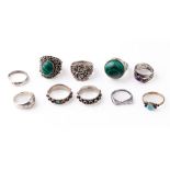 A good collection of silver rings, set with various stones in multiple styles and sizes, 45.1