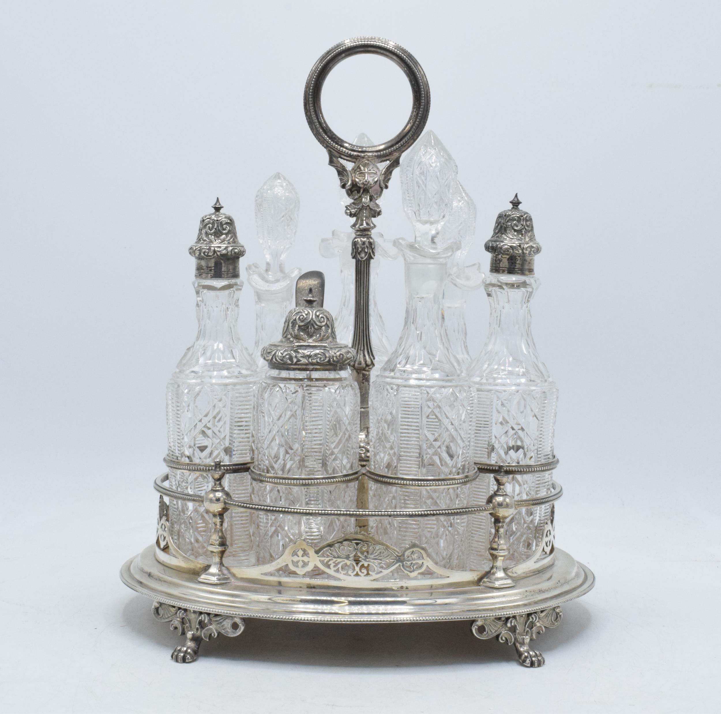 Hallmarked solid silver condiment tray with glass bottles and decanters, Sheffield 1879, makers mark - Image 4 of 12