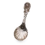 Hallmarked silver ornate caddy spoon with shell bowl, Thomas Bradbury, Sheffield 1952, 41.0 grams,