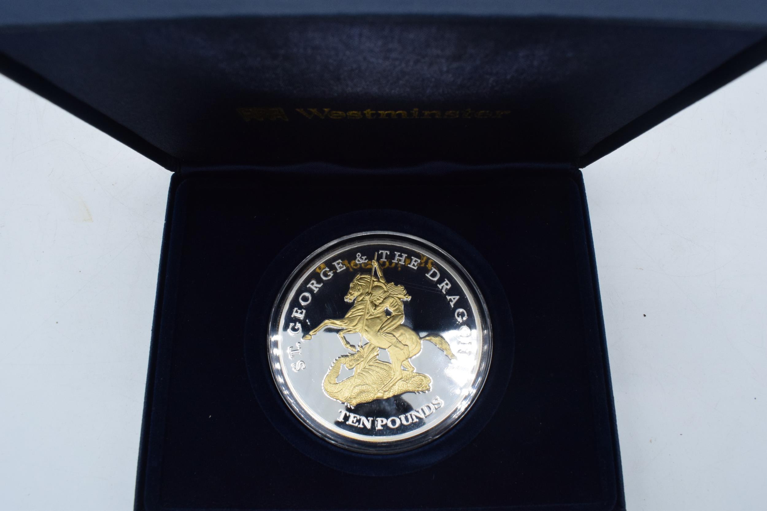 Cased Westminster Silver proof 5 ounce £10 Pound coin, Bailiwick of Jersey 2010 St George & The - Image 3 of 7