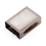 Sterling silver matchbox case with ornate border, 14.8 grams, 5cm long.