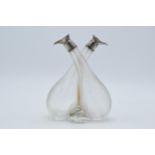 Double glass oil bottle with silver collars, Birmingham 1907, L Hutton & Sons, 15cm tall.