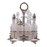 Hallmarked solid silver condiment tray with glass bottles and decanters, Sheffield 1879, makers mark
