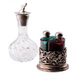 Silver topped scent bottle with fish finial, Birmingham 1978, together with a silver plated set.