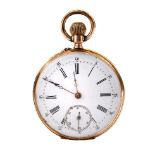 14ct gold cased (stamped 14k) open face pocket watch with Roman Numerals and white enamel dial, '