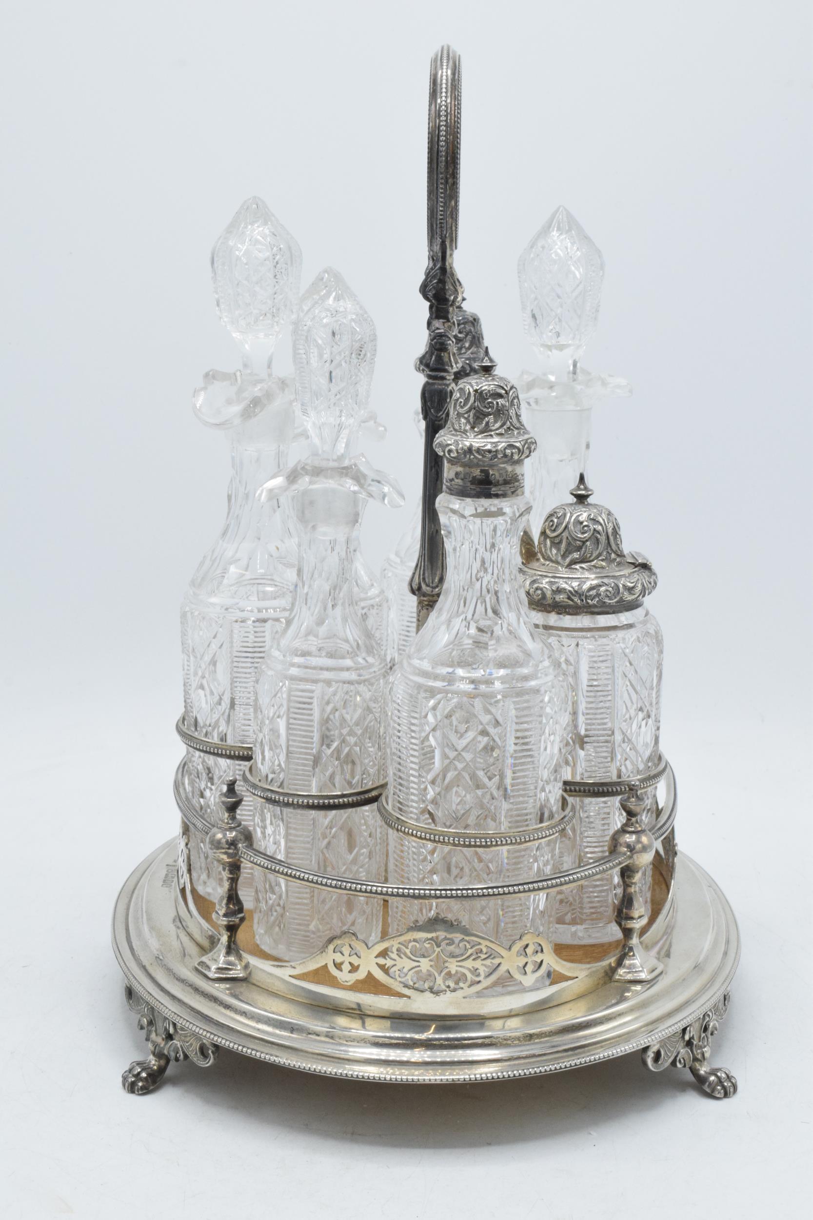 Hallmarked solid silver condiment tray with glass bottles and decanters, Sheffield 1879, makers mark - Image 9 of 12