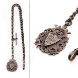 Hallmarked silver Albert pocket watch chain with hallmarked T-bar and fob, 49.7 grams, 41cm long.