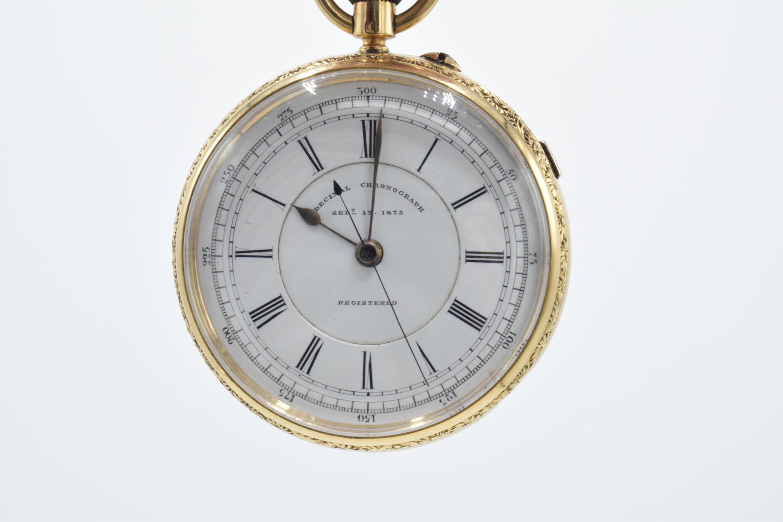 Victorian 18ct gold open-face Decimal Chronograph, white enamal dial with Roman Numerals, outer - Image 8 of 21