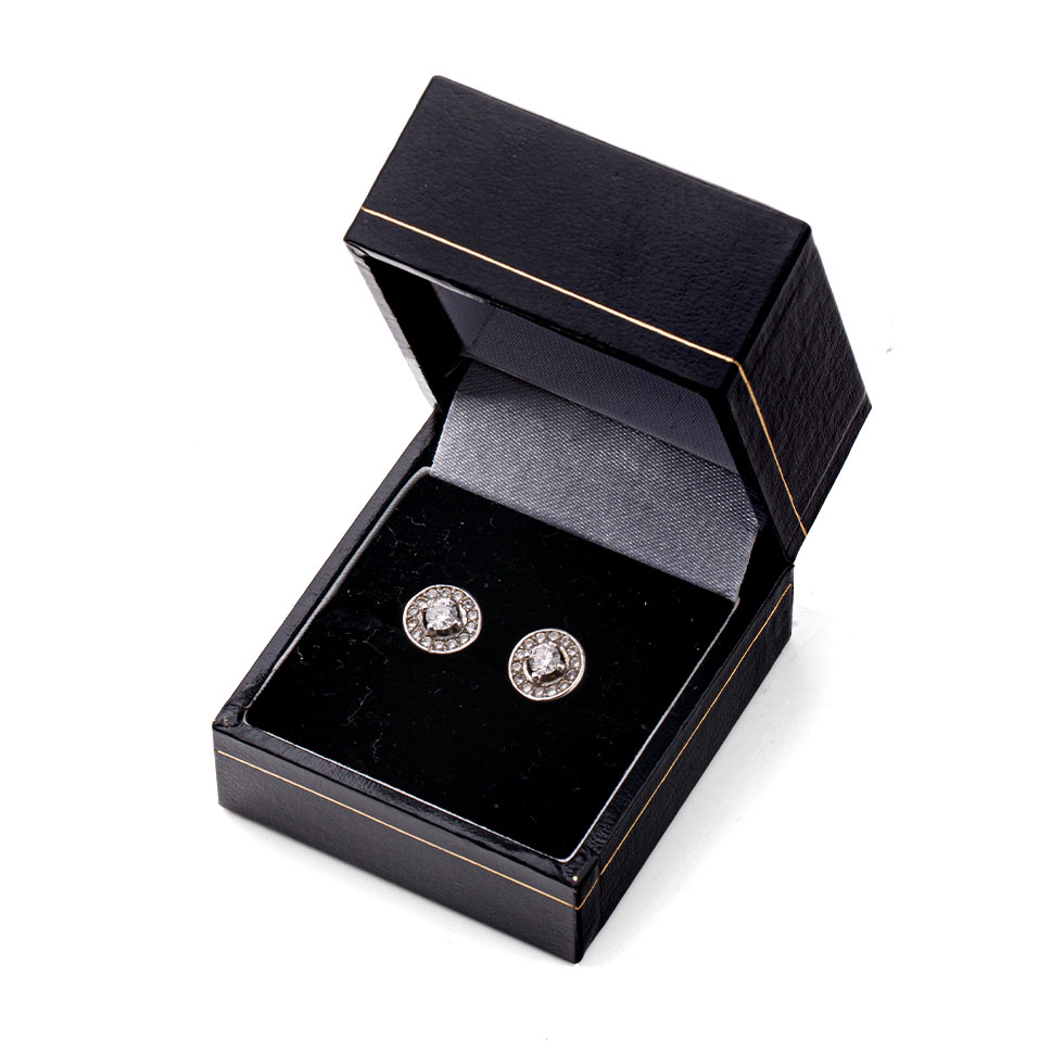 9ct gold (tests as or better) white gold pair of diamond set earrings with 9ct gold backs, 2.7