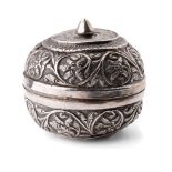 Indian silver bowl and cover with repousse decoration, 76.1 grams, 7cm diameter.