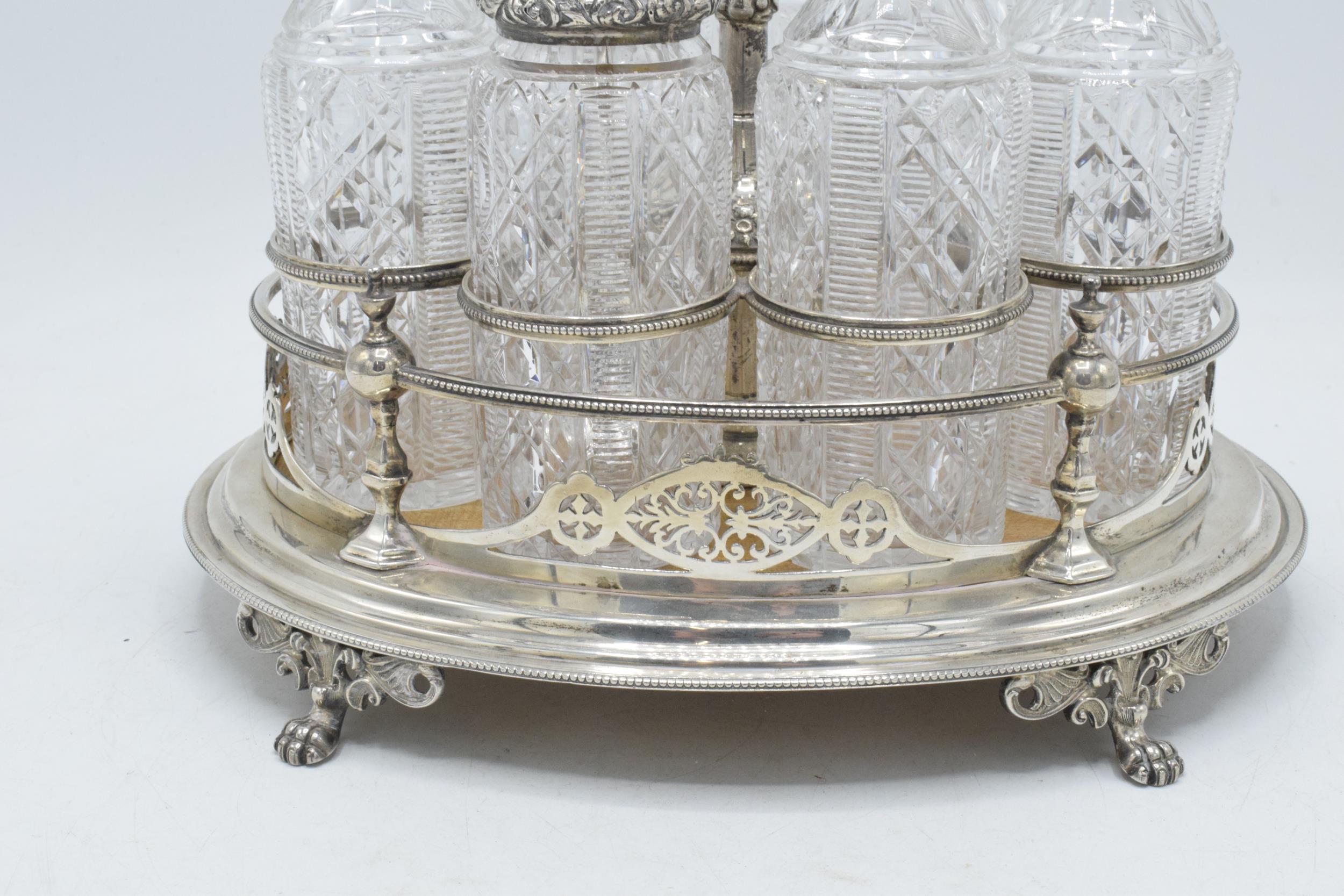 Hallmarked solid silver condiment tray with glass bottles and decanters, Sheffield 1879, makers mark - Image 5 of 12