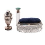 A trio of silver items to include a pin cushion trinket box, Birmingham 1927, a Guilloche enamel