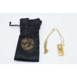 South African Gold Company gold plated bullion bar on chain, with original pouch, chain 54cm long.