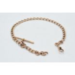 9ct rose gold Albert watch chain with T-bar, each link stamped '9 375', 34cm long, 27.6 grams.