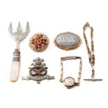 A collection of items to include a plated Albertina watch chain, a Wedgwood brooch, rolled gold