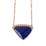 Hallmarked 18ct gold lapis lazuli and diamond pendant set on 18ct gold chain, combined 0.3ct of