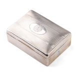 Silver cigarette box with engineered decoration and crest 'The Chad Valley Co Ltd Dinner 1933', 12.5