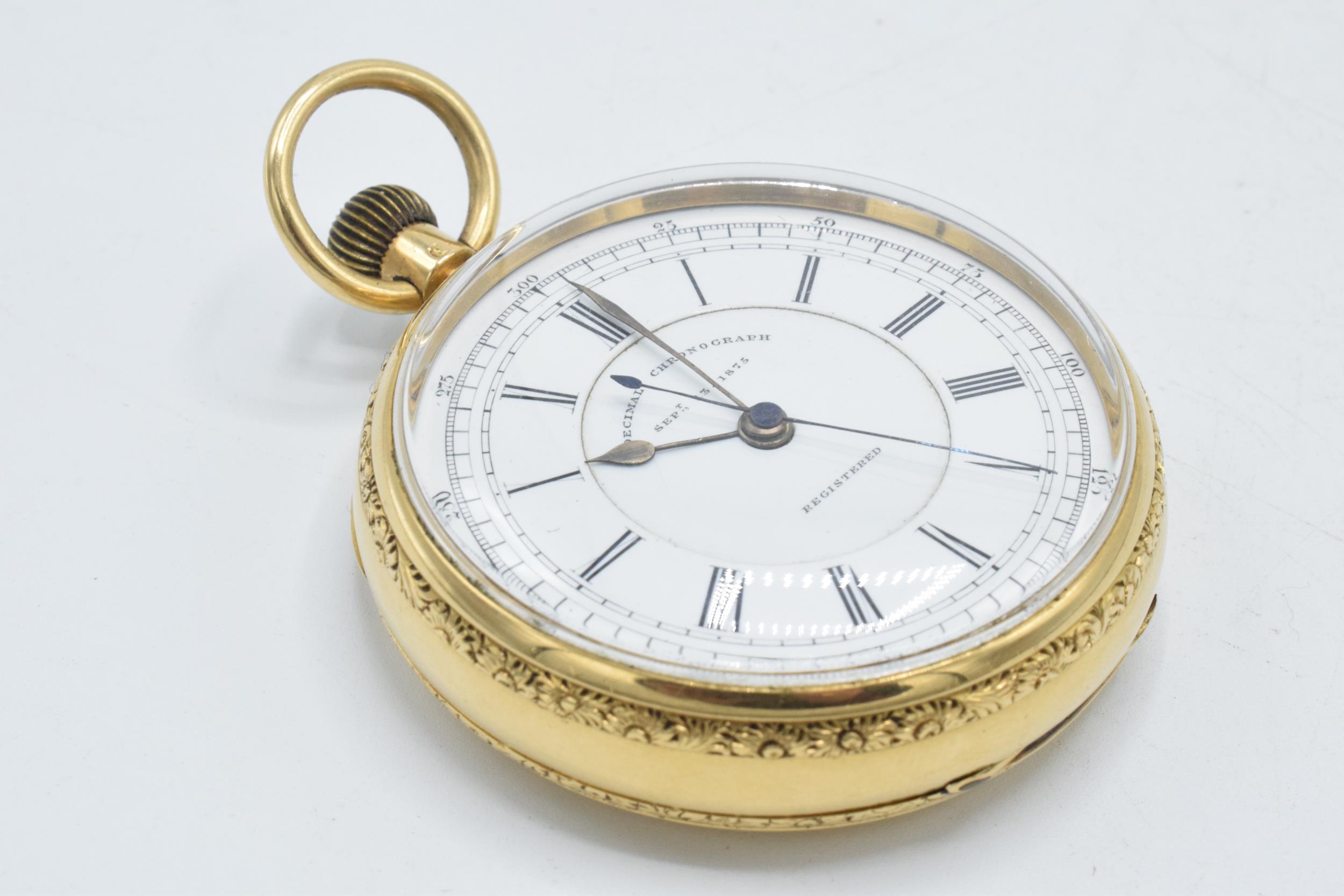 Victorian 18ct gold open-face Decimal Chronograph, white enamal dial with Roman Numerals, outer - Image 6 of 21