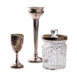 A trio of silver items to include small chalice, Birmingham 1931, 28.6 grams, a loaded silver