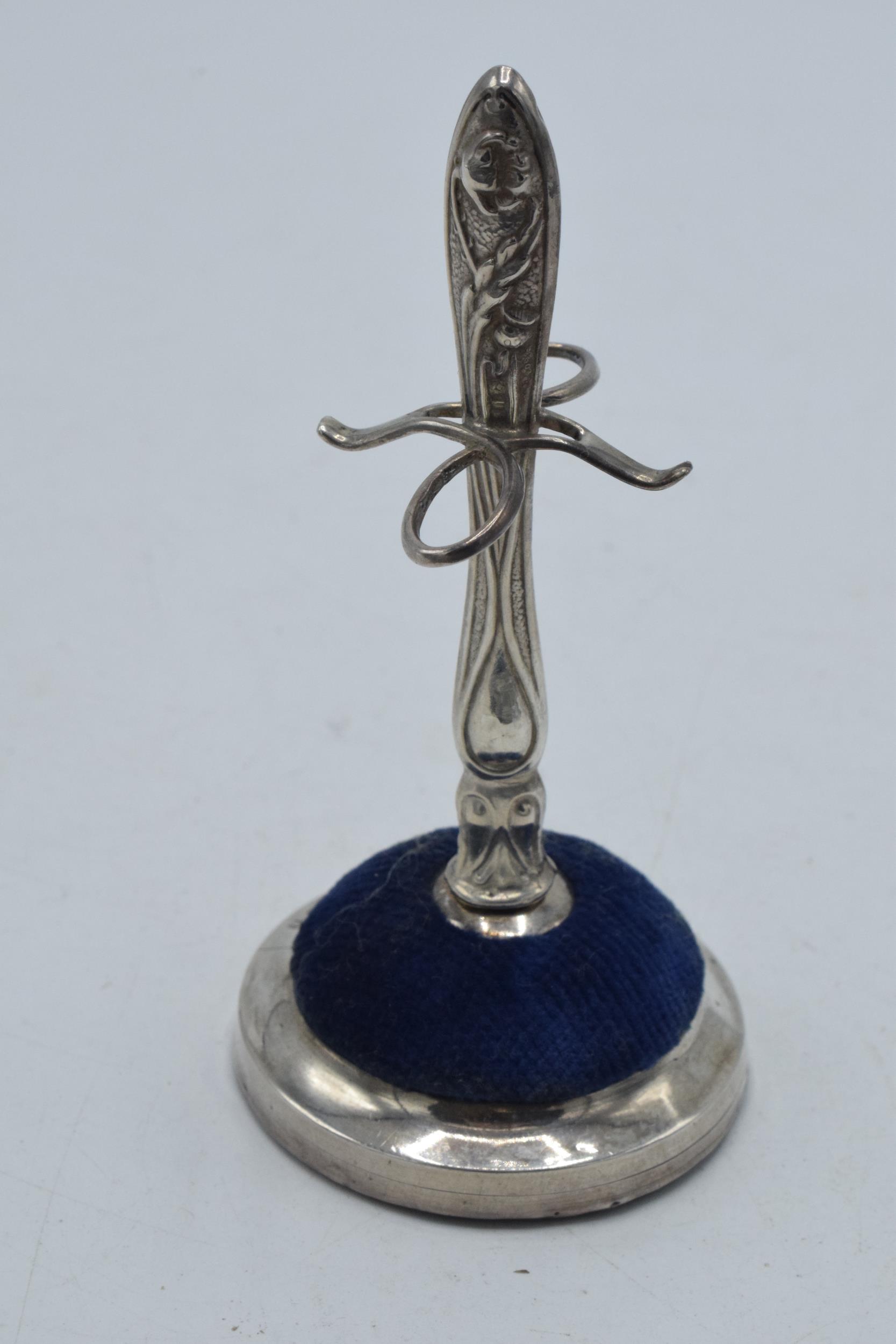 Silver ring tree and hatpin stand with velvet cushion, Birmingham 1908, J & C, 9.5cm tall. - Image 2 of 4