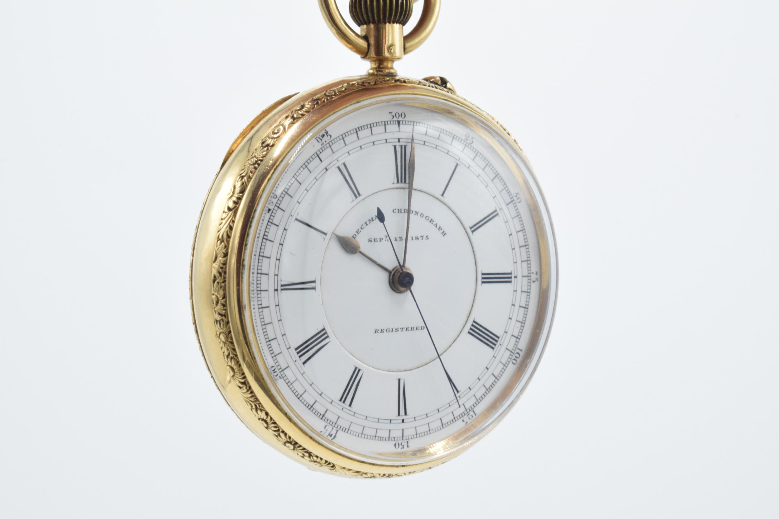 Victorian 18ct gold open-face Decimal Chronograph, white enamal dial with Roman Numerals, outer - Image 9 of 21