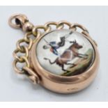 9ct rose gold pocket watch chain fob with ornate link handle with Essex Crystal insert of a bull