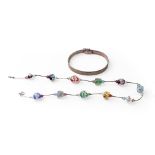 A silver ladies bracelet together with silver and white meal murano-style glass beads necklace, 43cm