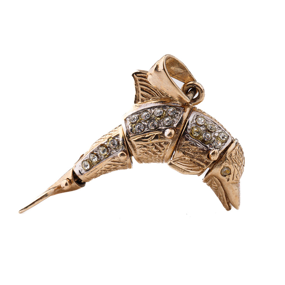 9ct gold dolphin jointed pendant set with diamonds, 7.2 grams, 35mm long.