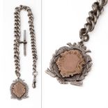Heavy hallmarked silver Albert pocket watch chain with hallmarked T-bar and fob, 69.9 grams, 33cm