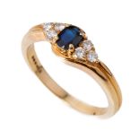 18ct gold sapphire and 6 stone diamond ring, 4.2 grams, size P, full hallmarks.