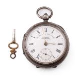 Silver pocket watch, Chester 1904, H Samuel Manchester, 'The Climax Trip Action Patent', with key.
