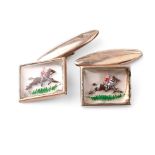 A pair of cufflinks with enamelled decorations of racehorses (2).