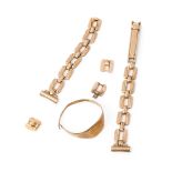 A collection of scrap 9ct gold items to include a Chester signet ring and a watch strap, 9.2 grams