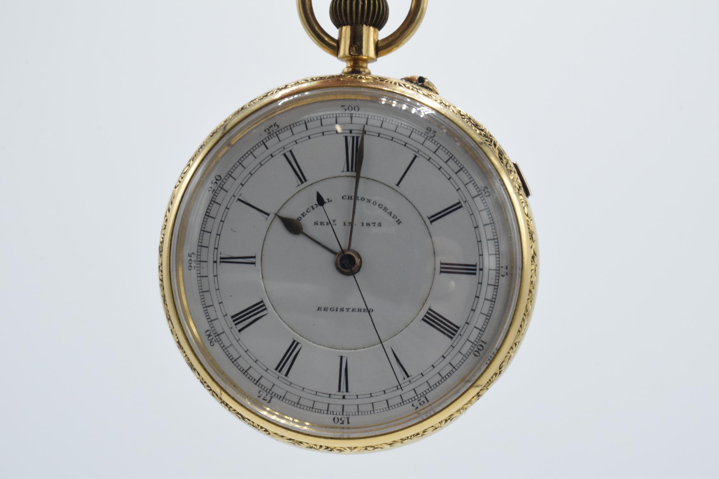Victorian 18ct gold open-face Decimal Chronograph, white enamal dial with Roman Numerals, outer - Image 5 of 21