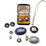 A collection of Wedgwood Jasperware jewellery to include gilt metal 19th century brooch, silver