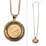 22ct gold Queen Victoria 1884 full sovereign set in 9ct rope edge gold mount on 9ct gold chain,