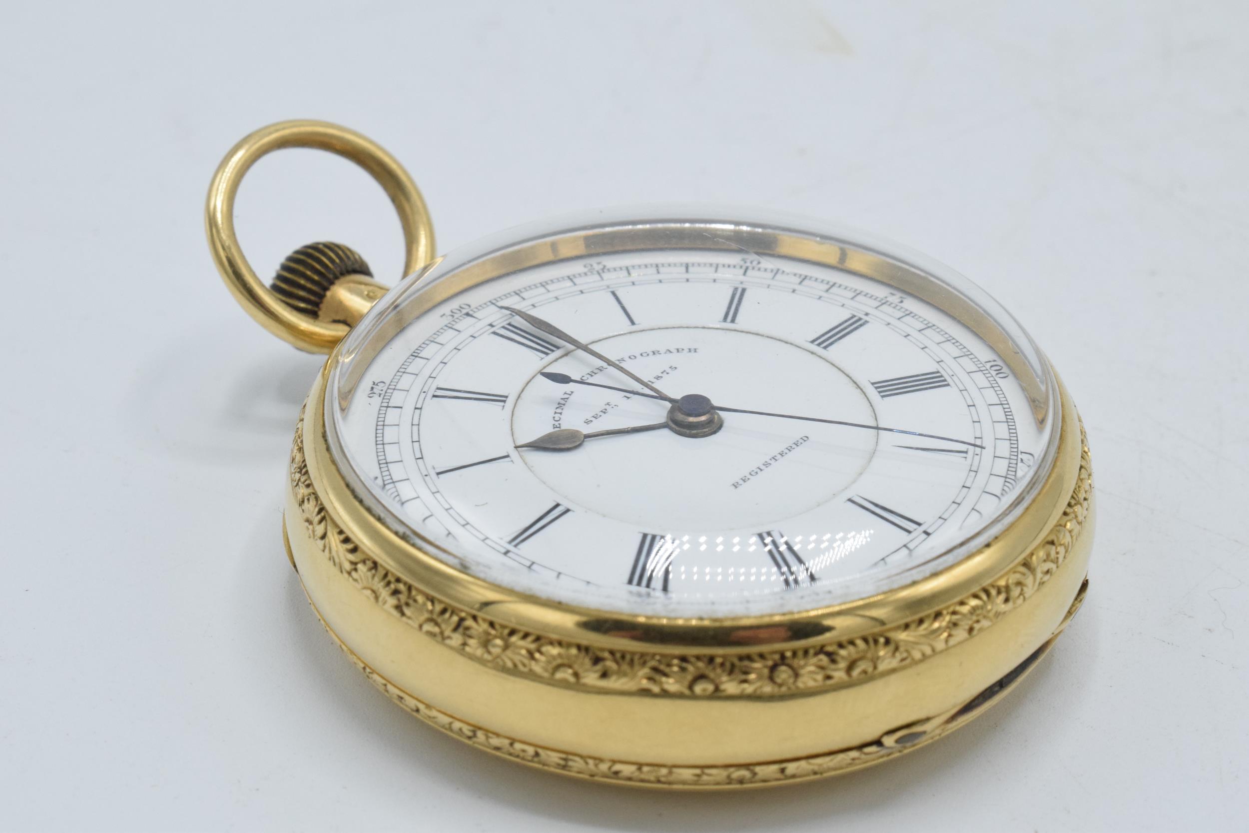 Victorian 18ct gold open-face Decimal Chronograph, white enamal dial with Roman Numerals, outer - Image 7 of 21