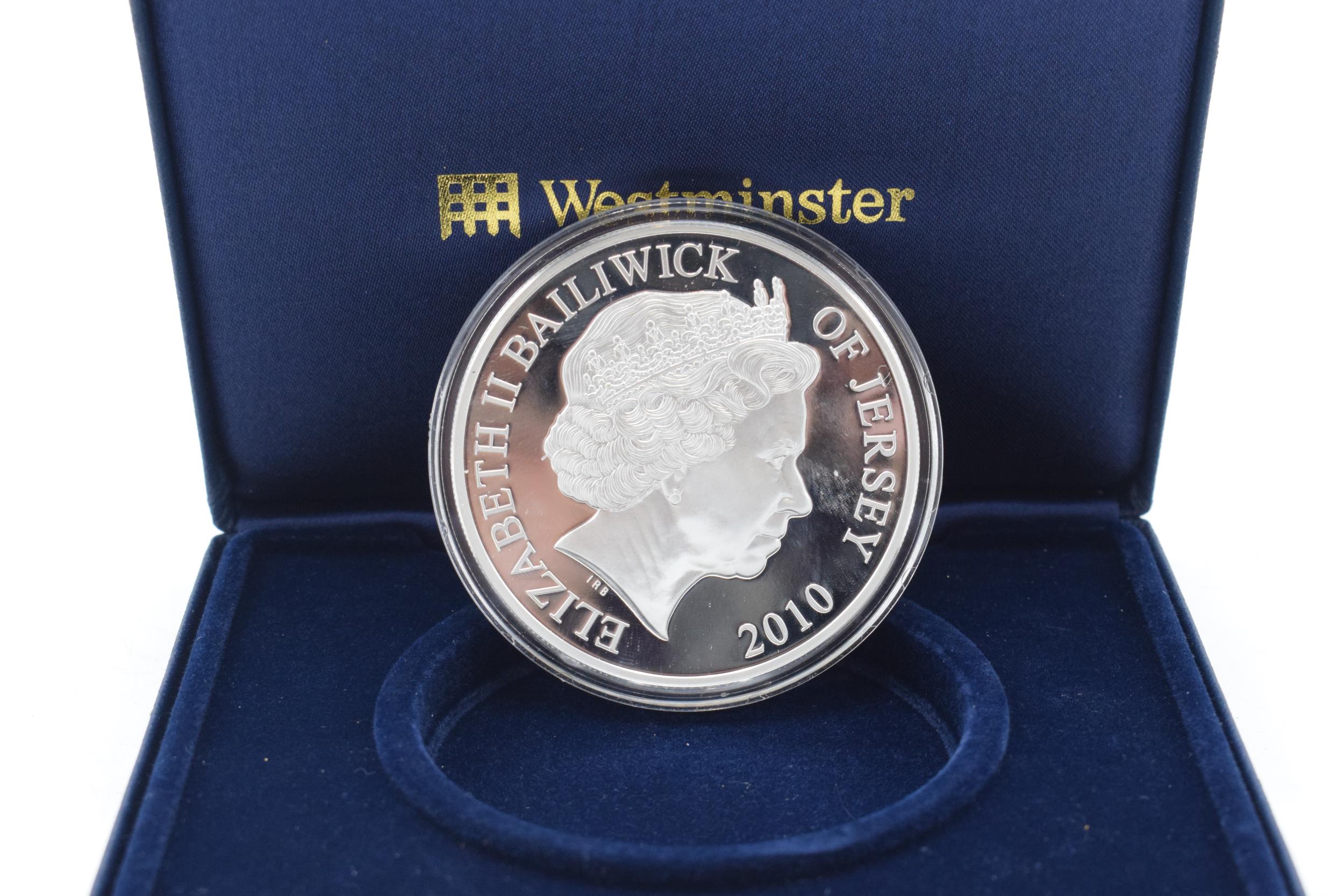 Cased Westminster Silver proof 5 ounce £10 Pound coin, Bailiwick of Jersey 2010 St George & The - Image 5 of 7