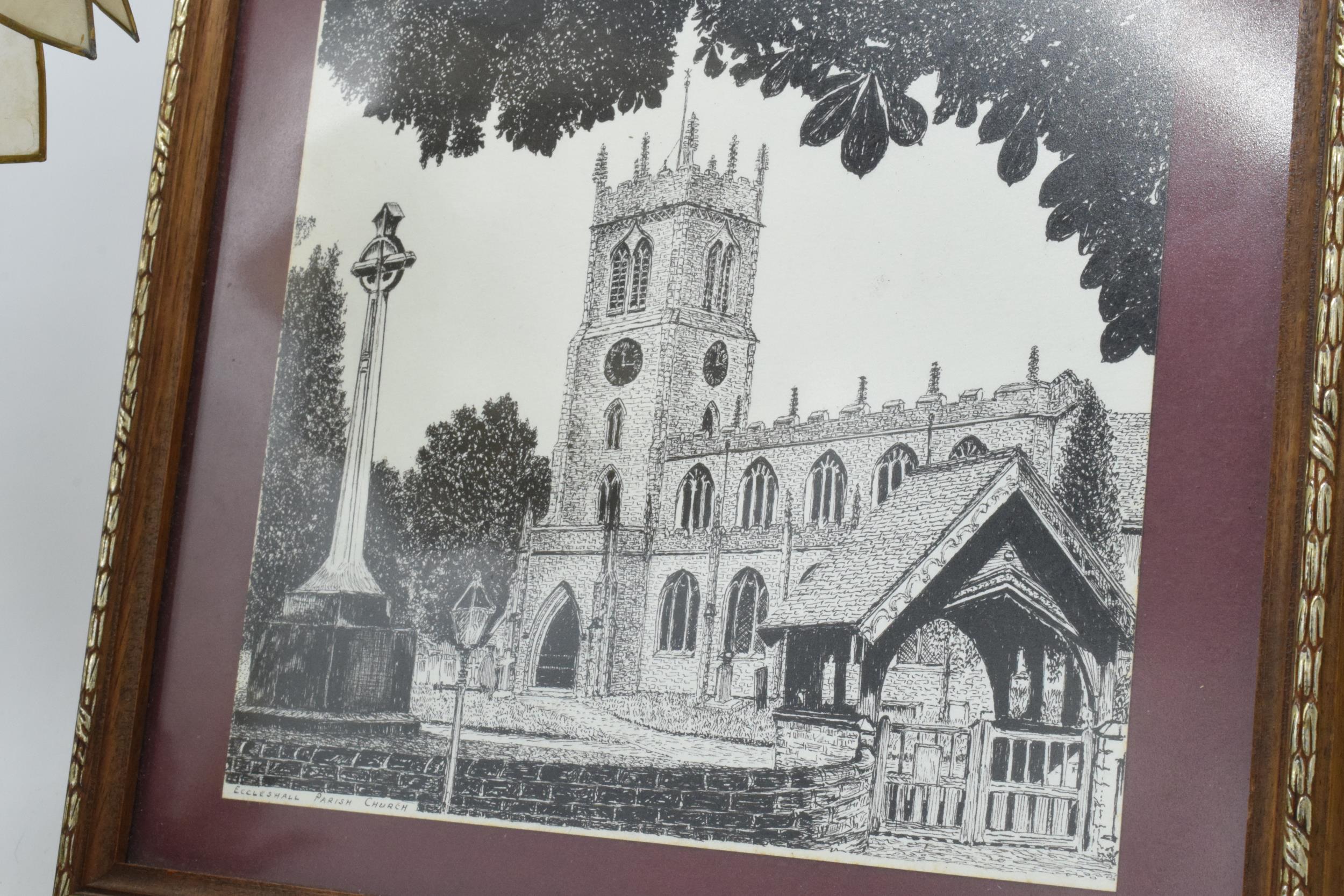 A framed and glazed picture of Eccleshall Parish Church together with a modern ornate lamp base (2), - Image 3 of 4
