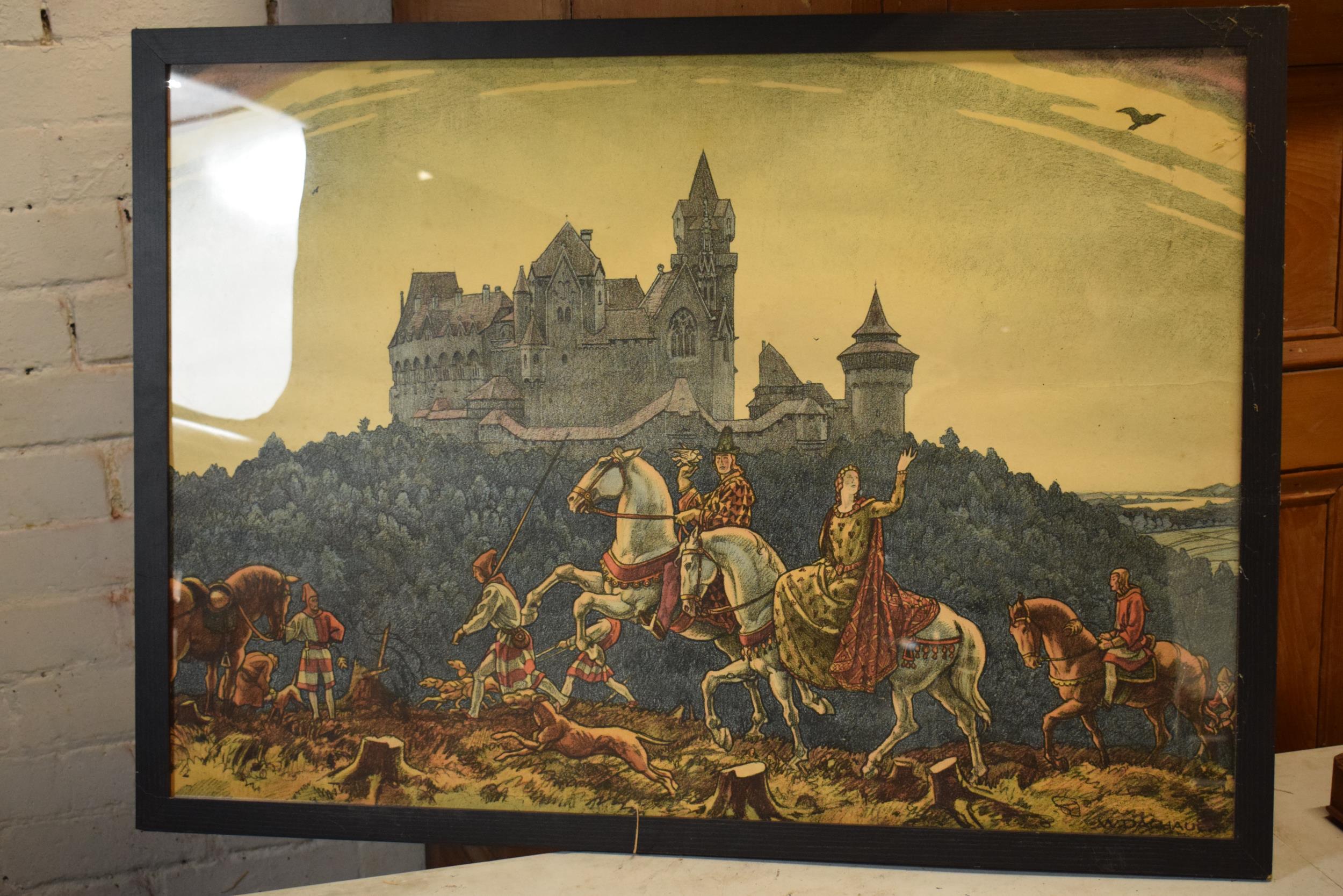 Framed print in the form of crusaders / knights with a castle in the background above a forest (in - Image 2 of 10