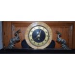 French 1930s Art Deco marble and onyx mantle clock with gazelle figures, 53cm long, collection only.
