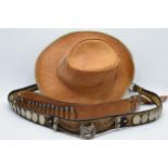 Vintage suede shooting / cowboy hat together with 2 similar belts, one with ammunition cases and the