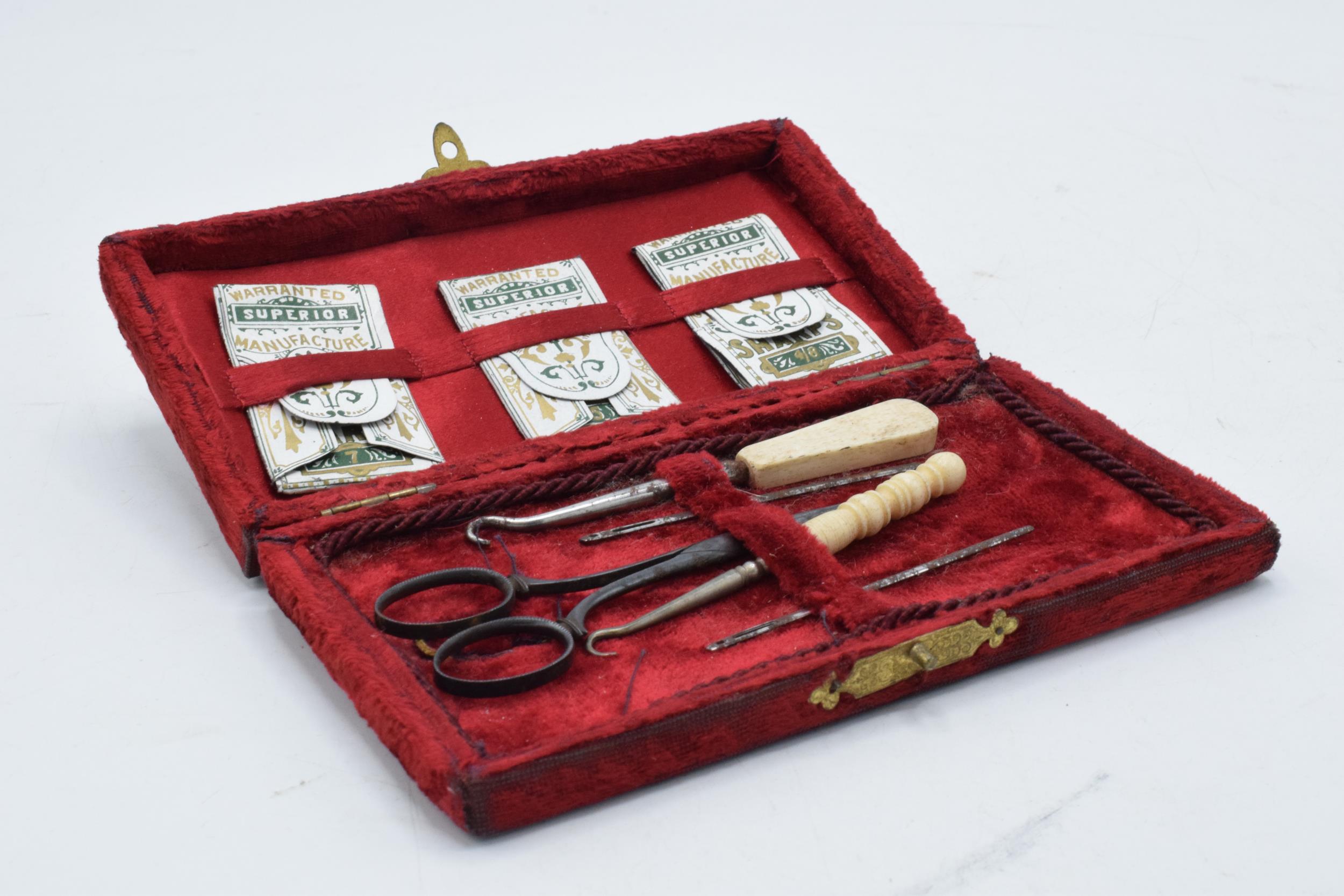 Velvet cased sewing kit together with bone needle cases, with a Stanhope, the other with inlaid - Image 2 of 3